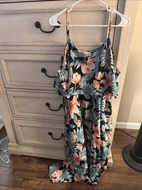 SHEIN Black Maxi Dress with Coral and Teal Floral Print